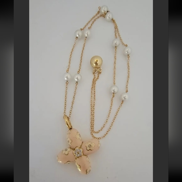 Aaron Basha 18k Gold Diamond Enamel Cross Pendant-14k Gold Pearl Necklace 20.6gm